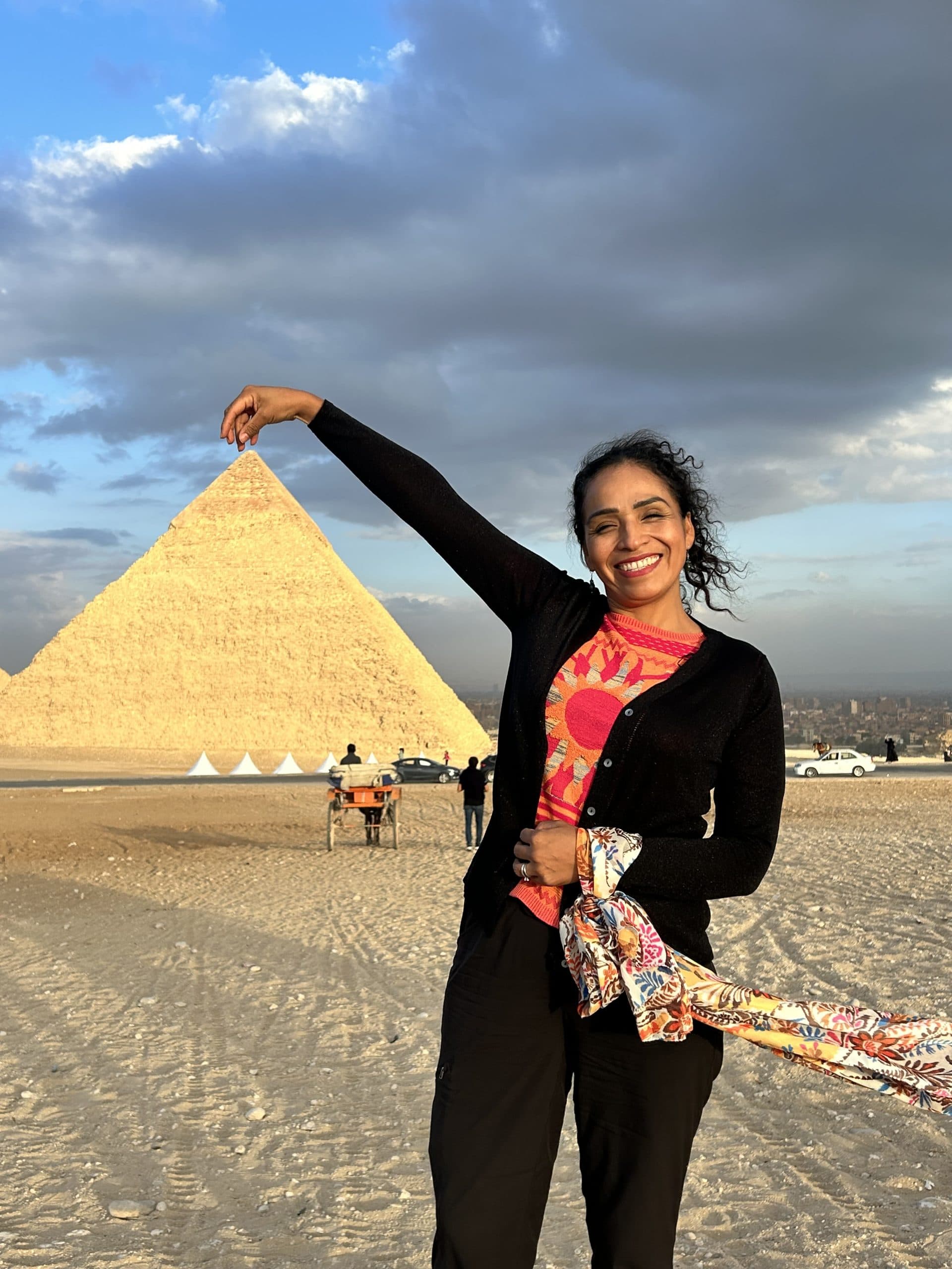 Gisella in front of the pyramids of Giza, Egypt
